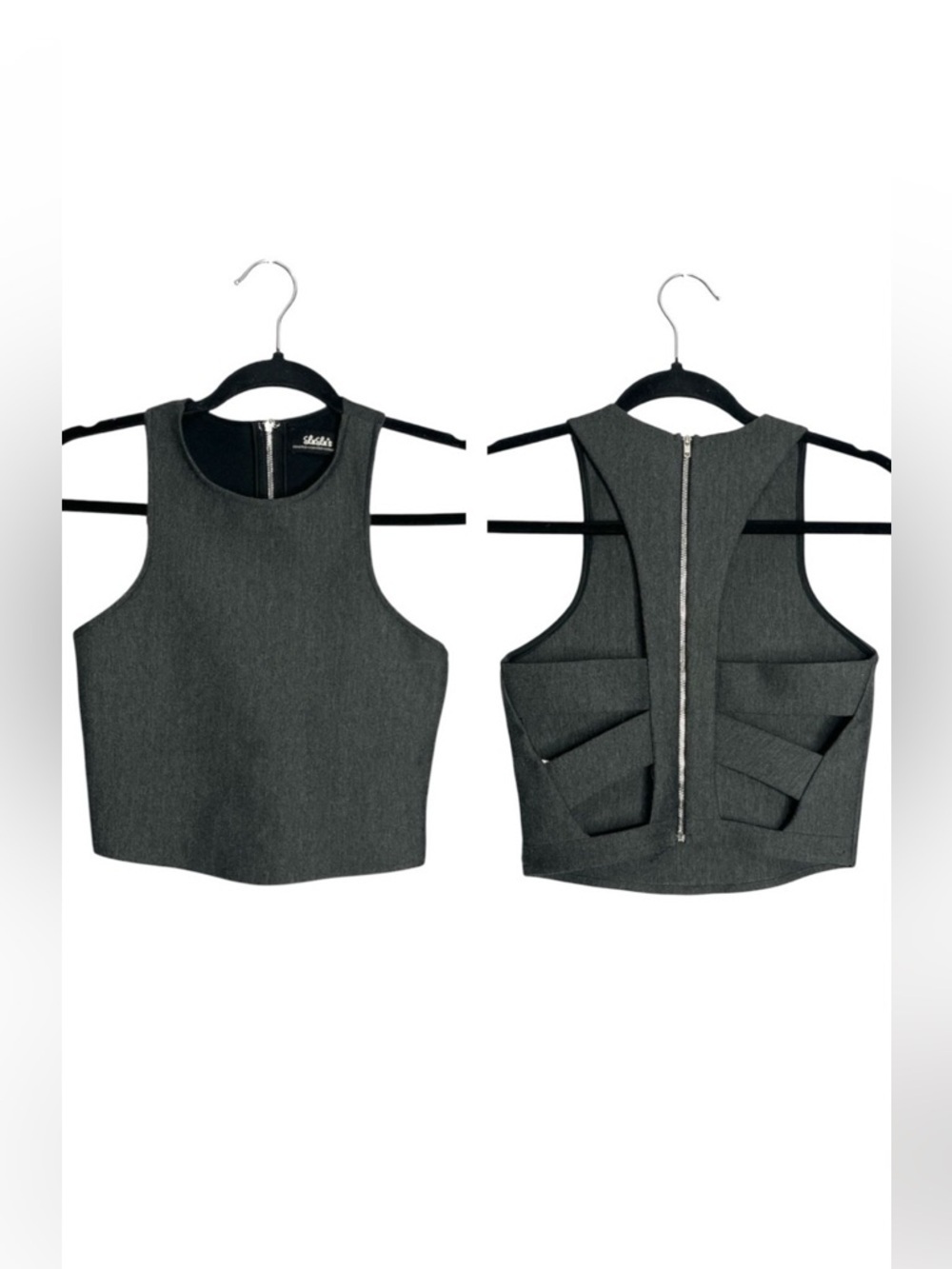 Lulu’s Cropped Sleeveless Cage Open Back Dark Grey Top, size XS